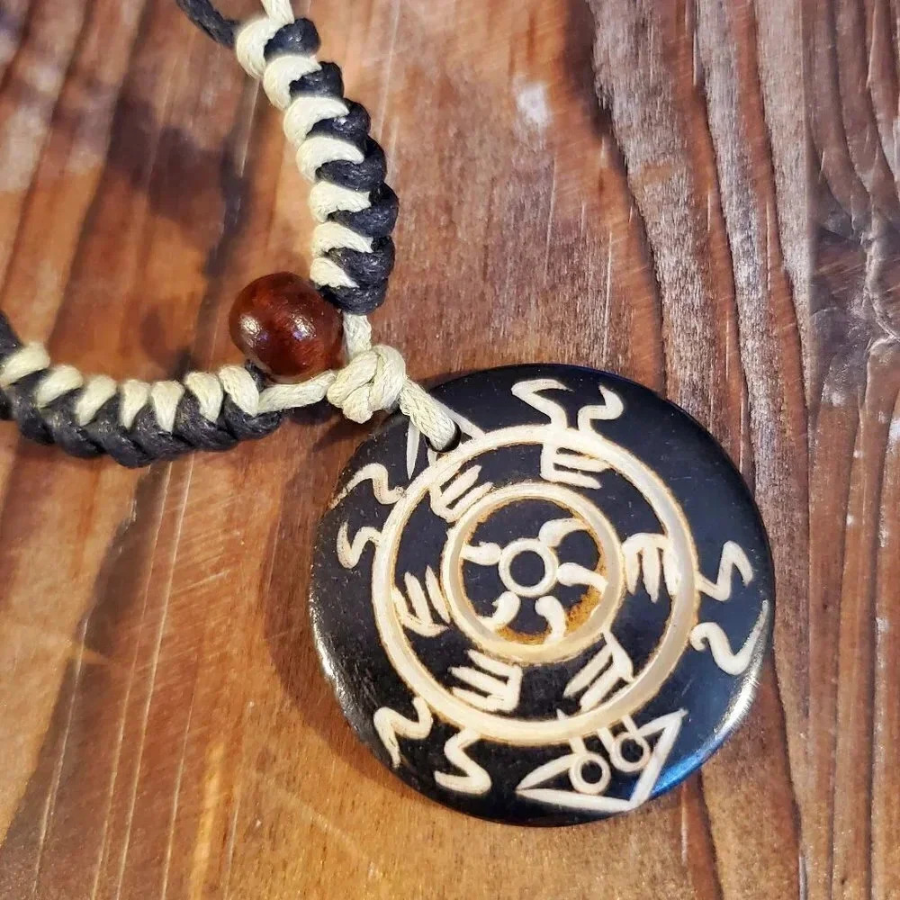 Tribal Bone Carved Symbols Necklace from India